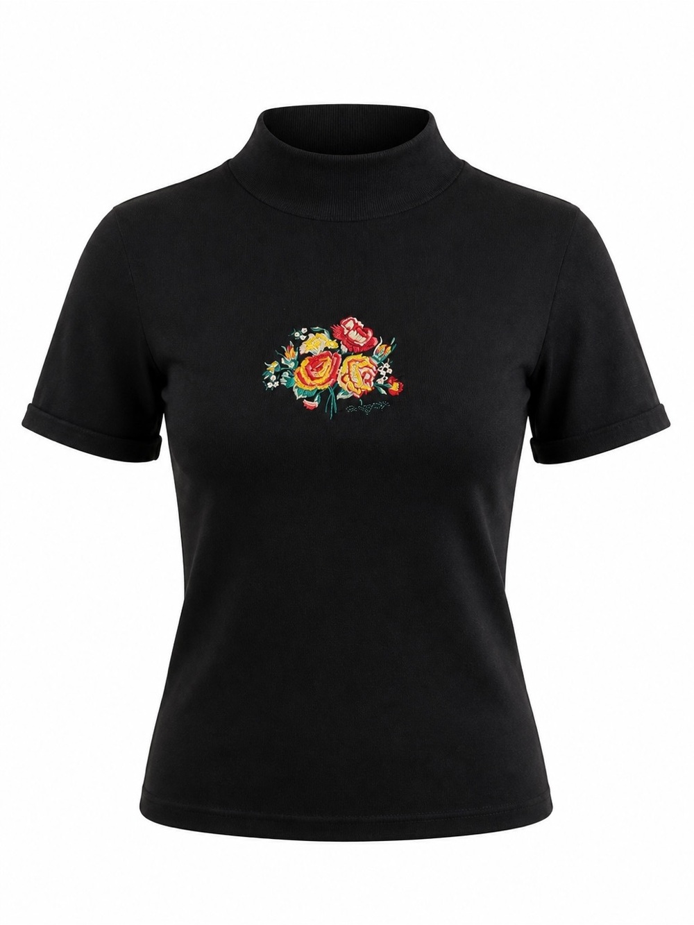 Black Short-Sleeve Mock Neck Tee with Embroidered Floral Bouquet
